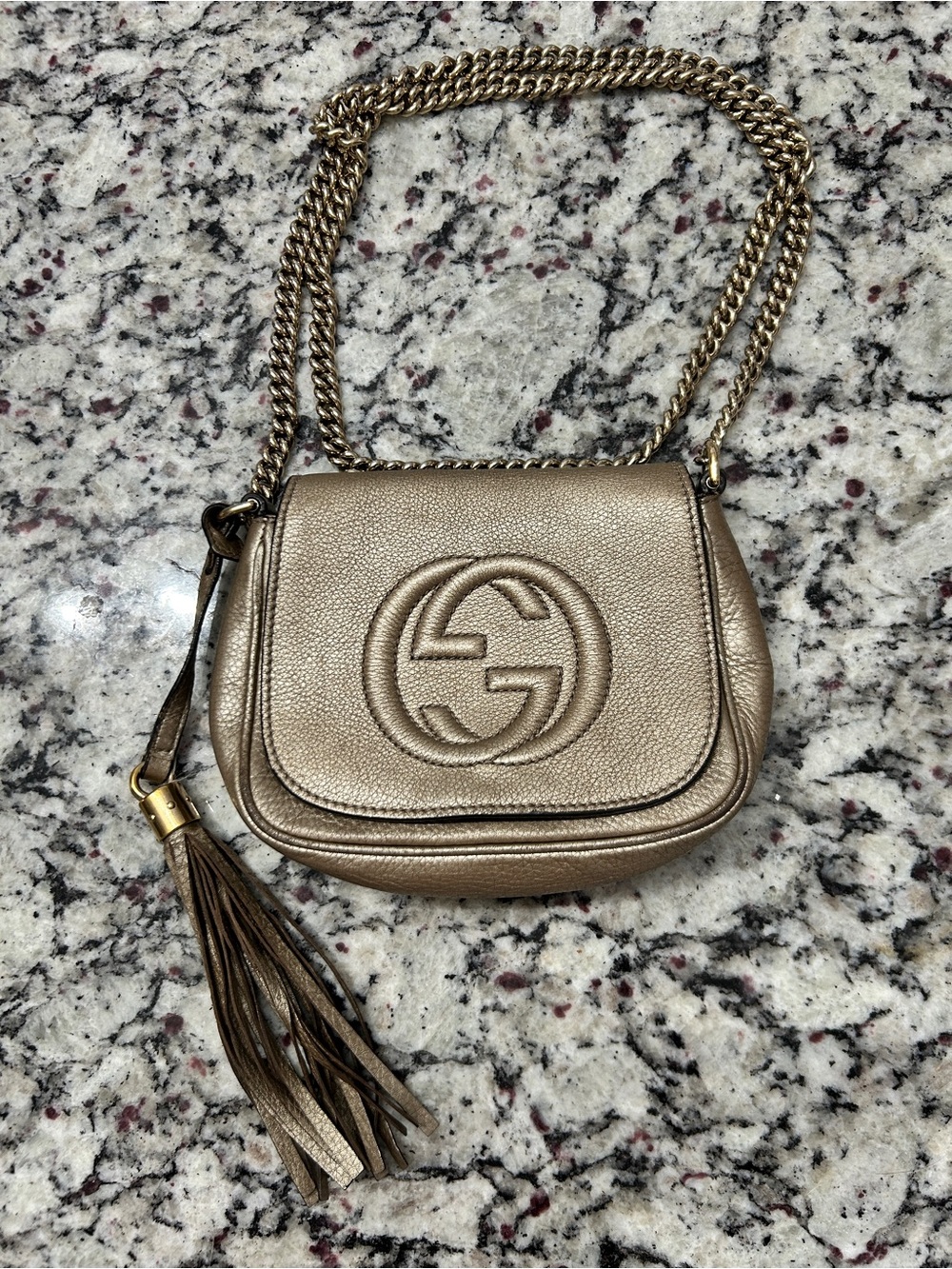 Gucci soho Metallic gold Leather Chain Crossbody with Tassel bag purse